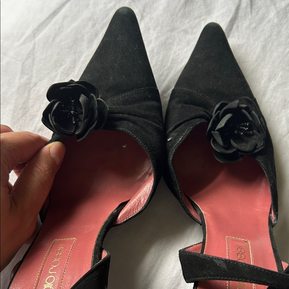 SERGIO ROSSI Black 100% Suede Flowered Ankle Strap 4" Stiletto Heels Sz EU 39 - Picture 4 of 16